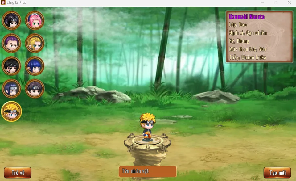Màn hình chọn nhân vật Naruto trong Làng Lá Base